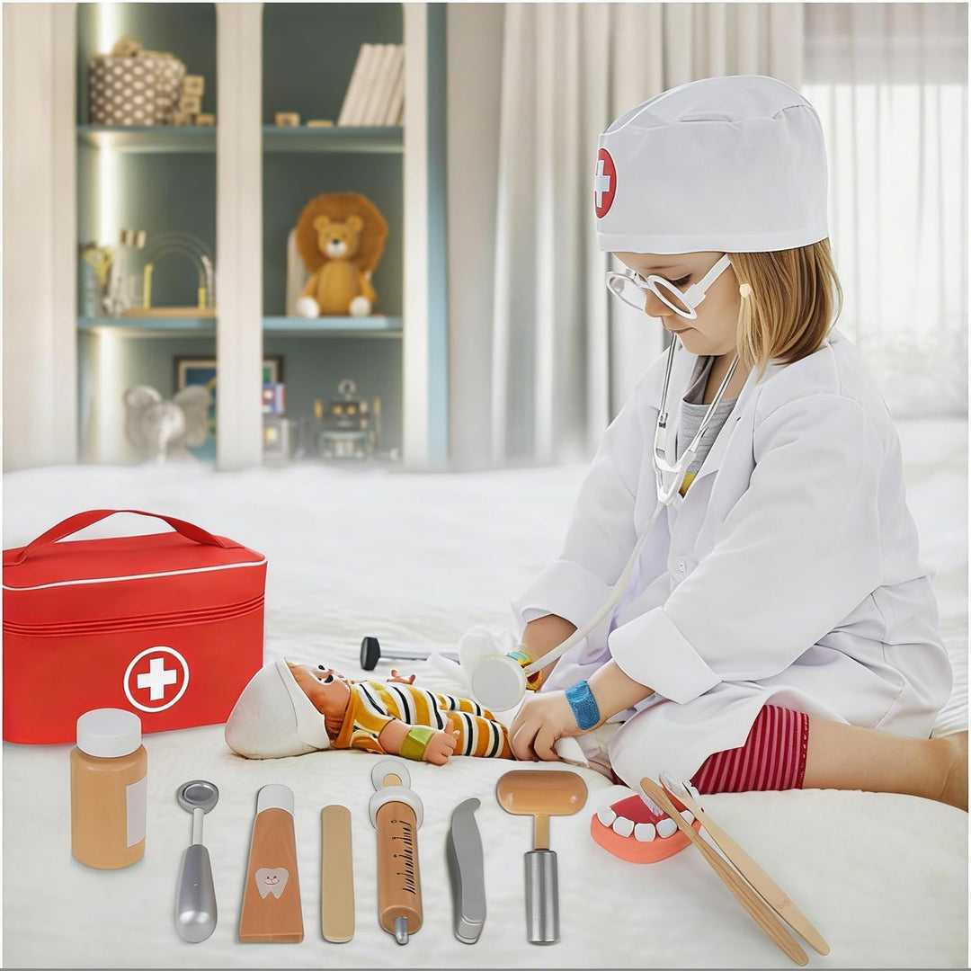 Arztkoffer Kinder Holz Spielset - Mit echtem Stethoskop, Arztkittel und Doktortasche in Rot, perfekt