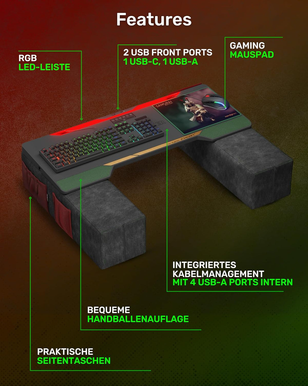 Couchmaster CYCON³ Samurai Edition mit Horizonlight-Stange, ultimativer ergonomischer USB-Hub, Gamin