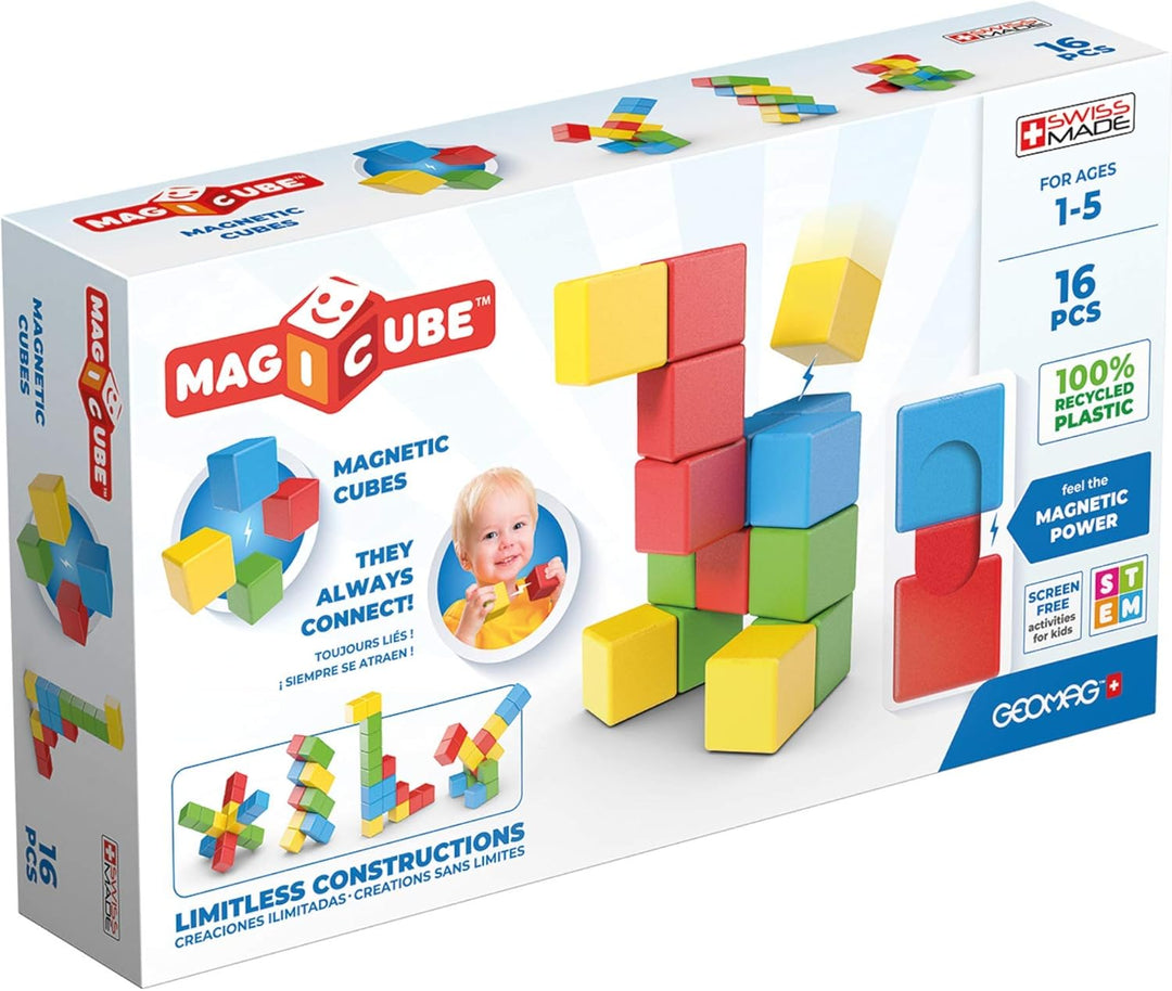 Geomag - Magicube 1+ Full Colour - Magnetic Cubes for Kids - 4 Colours - 16 Blocks – 100 Percent Rec