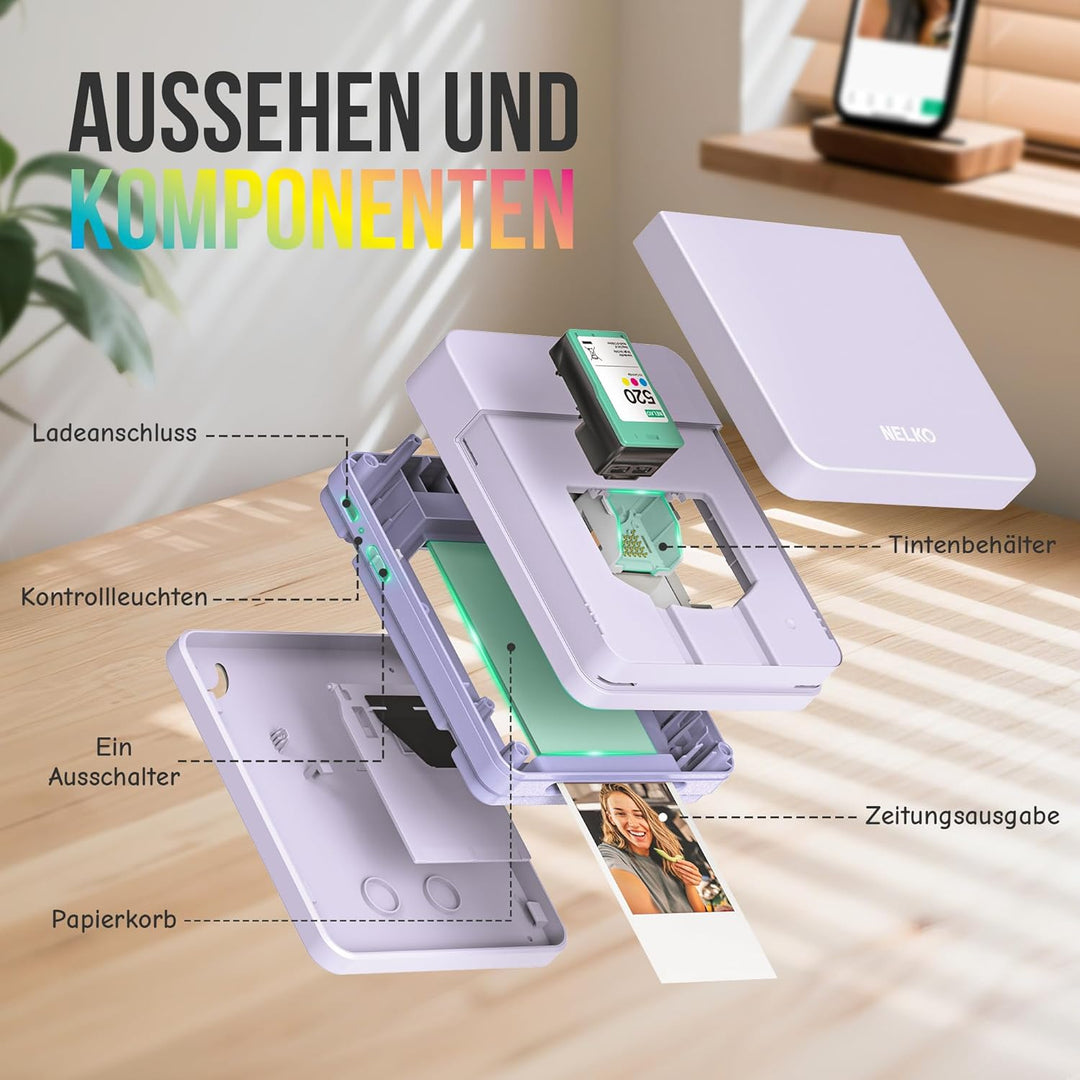 Nelko Fotodrucker PP01 Farbe Tragbarer Mini Fotodrucker für Smartphone mit 20 Fotopapier, Tintenstra