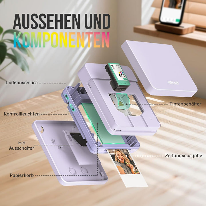 Nelko Fotodrucker PP01 Farbe Tragbarer Mini Fotodrucker für Smartphone mit 20 Fotopapier, Tintenstra