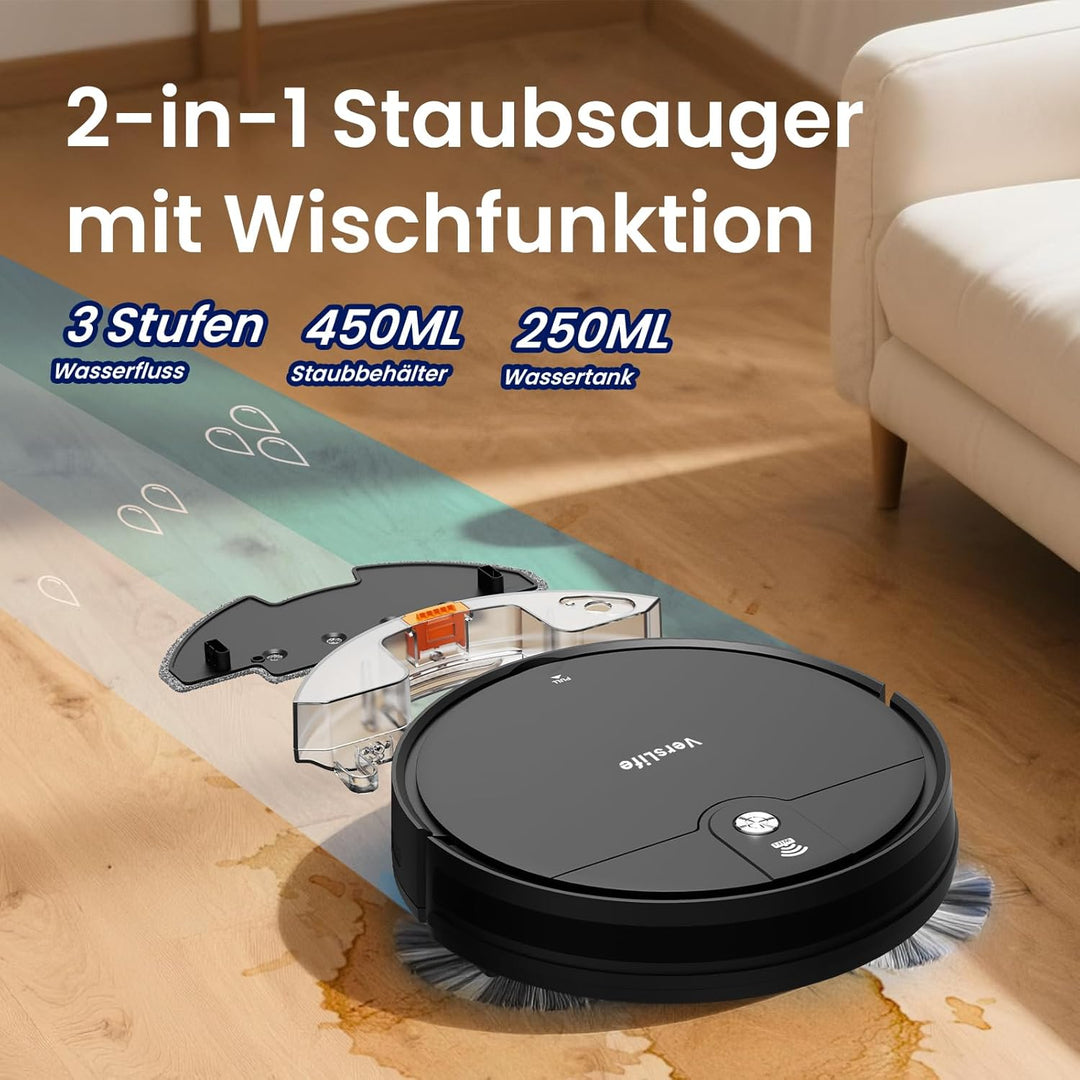 VersLife L6 Saugroboter mit Wischfunktion, 4000Pa Staubsauger Roboter Schwarz, Schwarz