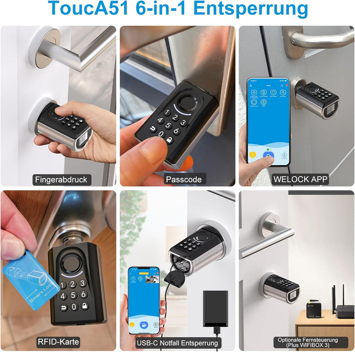 WELOCK ToucA51 Türschloss Fingerabdruck, Passcode Fingerabdruck Schloss Haustür, mit RFID-Karte App,