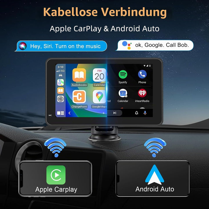 7 Zoll Wireless Carplay Display für Apple Carplay &amp; Android Auto, Tragbares Autoradio mit 2.5D HD To