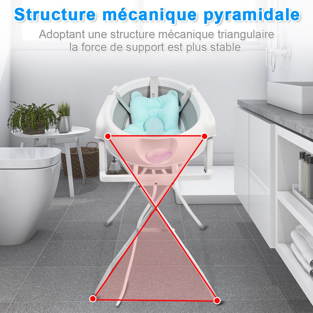 Faltbare Babybadewanne mit Stahlhalterung, ergonomisches Badewannenkissen und Ablaufschlauch – faltb