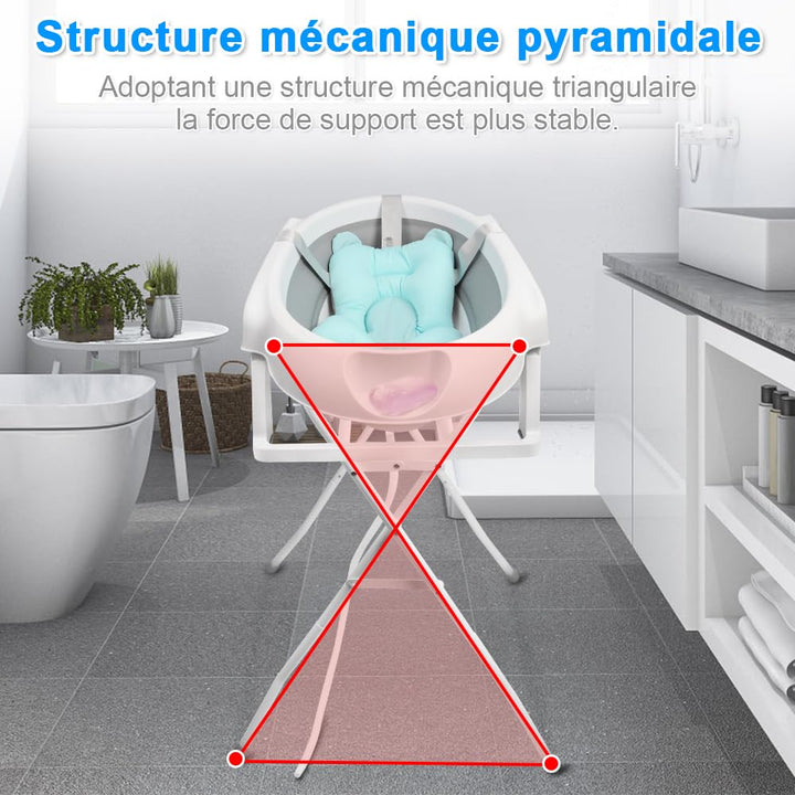 Faltbare Babybadewanne mit Stahlhalterung, ergonomisches Badewannenkissen und Ablaufschlauch – faltb