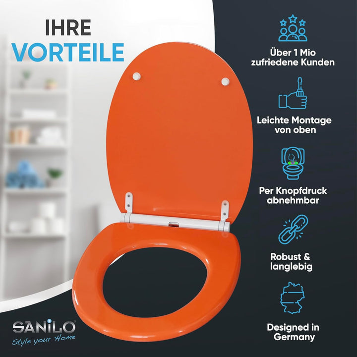 WC Sitz mit Absenkautomatik, hochwertige Oberfläche, einfache Montage, stabile Scharniere, Orange