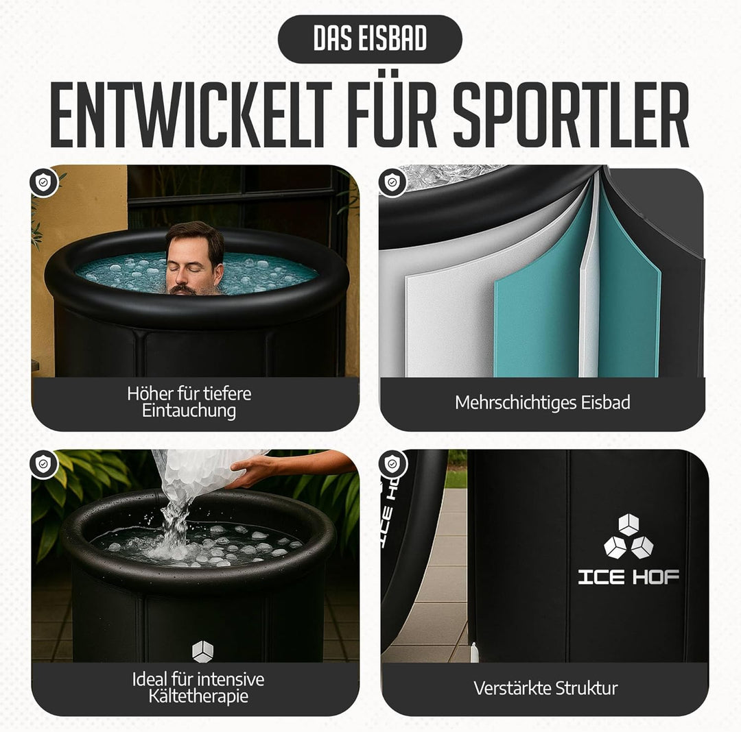 IceHof® Eisbad Tonne XL Plusgrösse Ø80x80cm für Athleten mit Abdeckung, Faltbare Aufblasbare Badewan