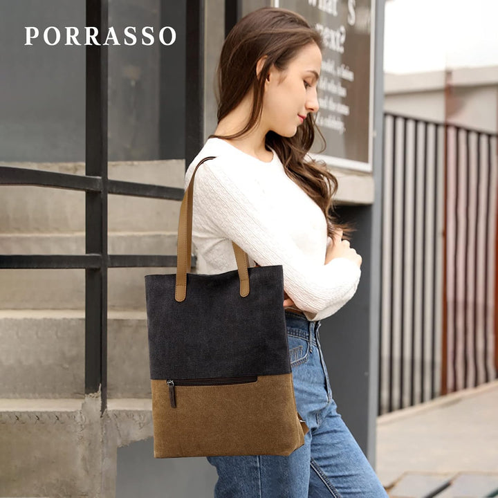 PORRASSO Damen Segeltuch Handtasche Rucksack Frauen Schultertasche Shopper Tasche Hobotasche für Sch