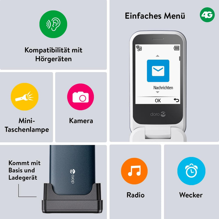 Doro 2820 4G Handy mit Klappdeckel für Senioren – grosse sprechende Tasten – Kamera – Bluetooth – As
