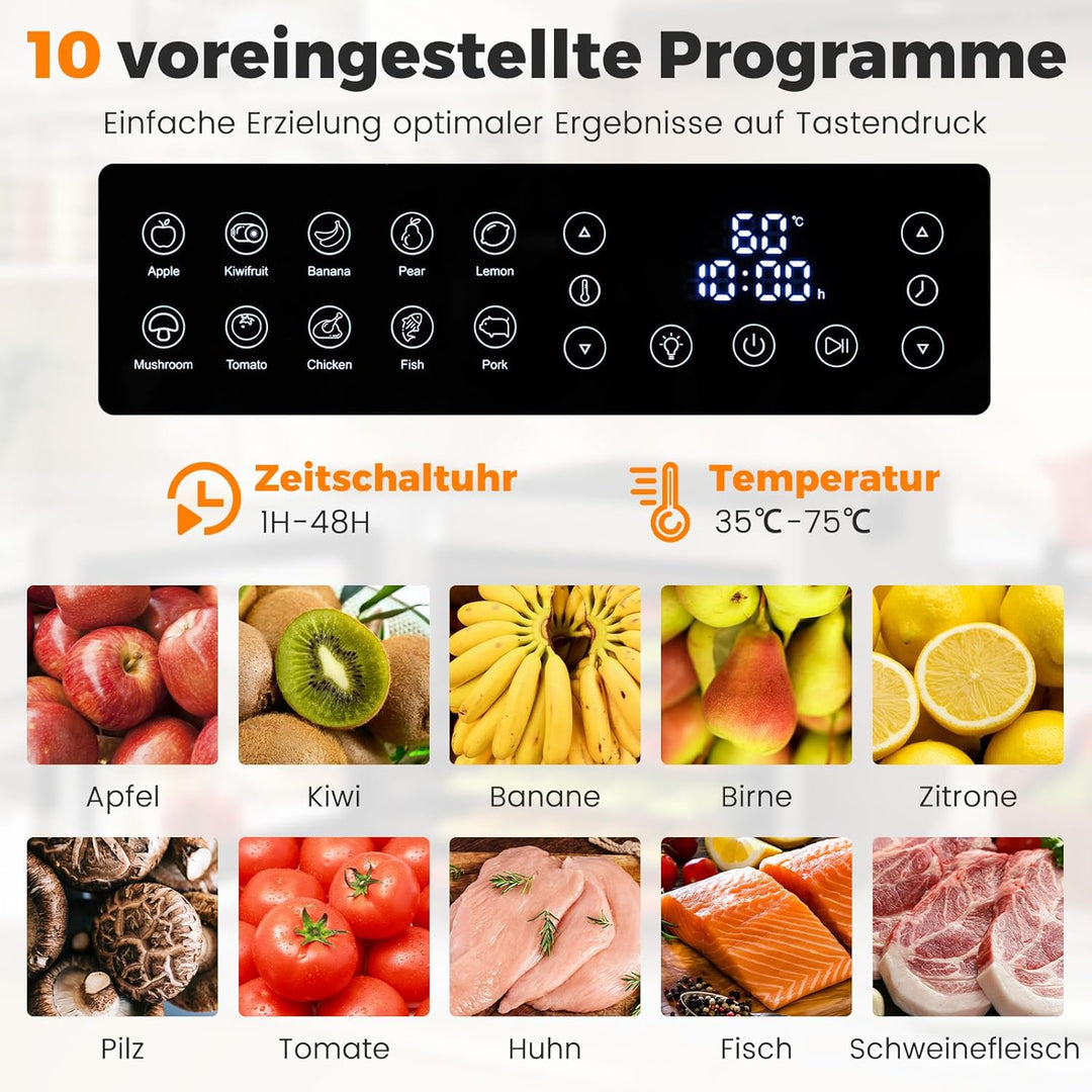 RELAX4LIFE Dörrautomat Edelstahl, 850W Dörrgerät mit 8 Einlegefächern & 48H-Timer, Dehydrator mit 35