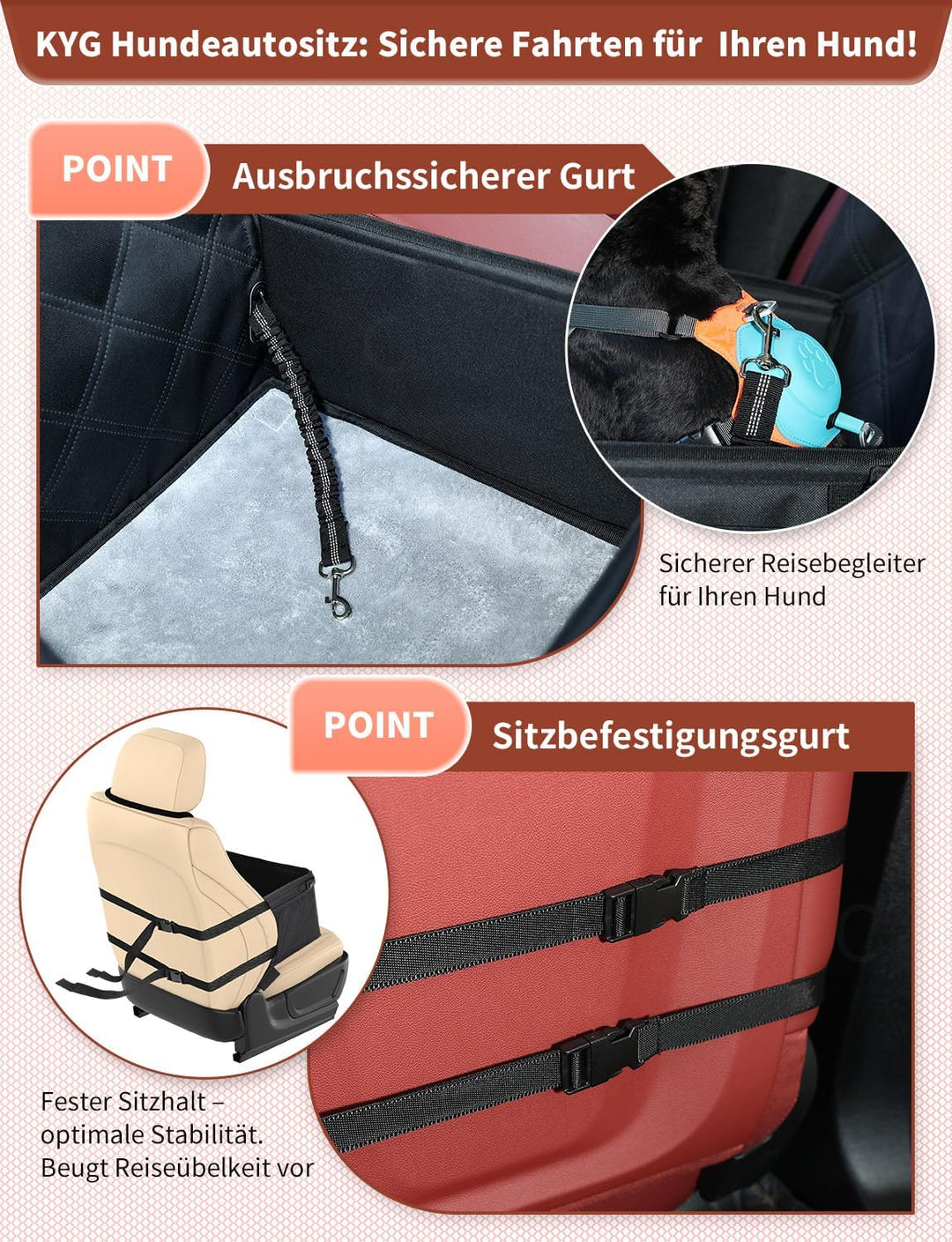 KYG Hundeautositz - Besonders Stabil, Wasserdicht, rutschfest &amp; Kratzfest für Kleine Hunde - Für Bei