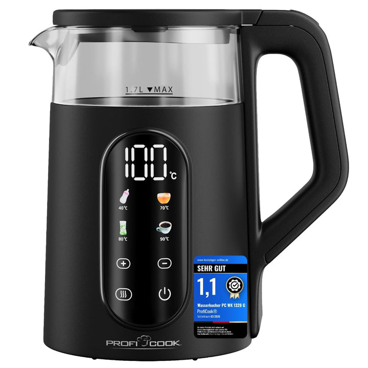 ProfiCook® Wasserkocher mit Temperatureinstellung | 40-100°C | 1,7L | Schnellstartfunktion | 2200W |