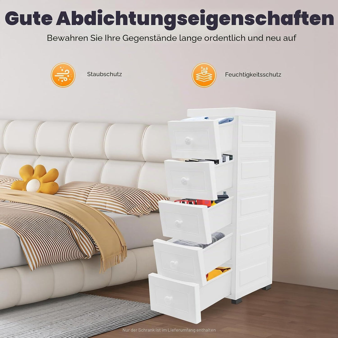 5 Schubladen Kommode mit Rollen, Aufbewahrungsschrank aus PP, staubdicht &amp; feuchtigkeitsresistent, f