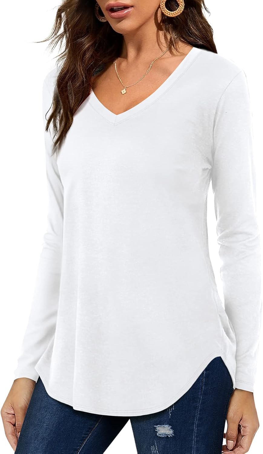 Florboom Tunika Damen Langarm/Kurzarm V Ausschnitt Oberteil Shirts Basic Casual Longshirt S A-weiss,
