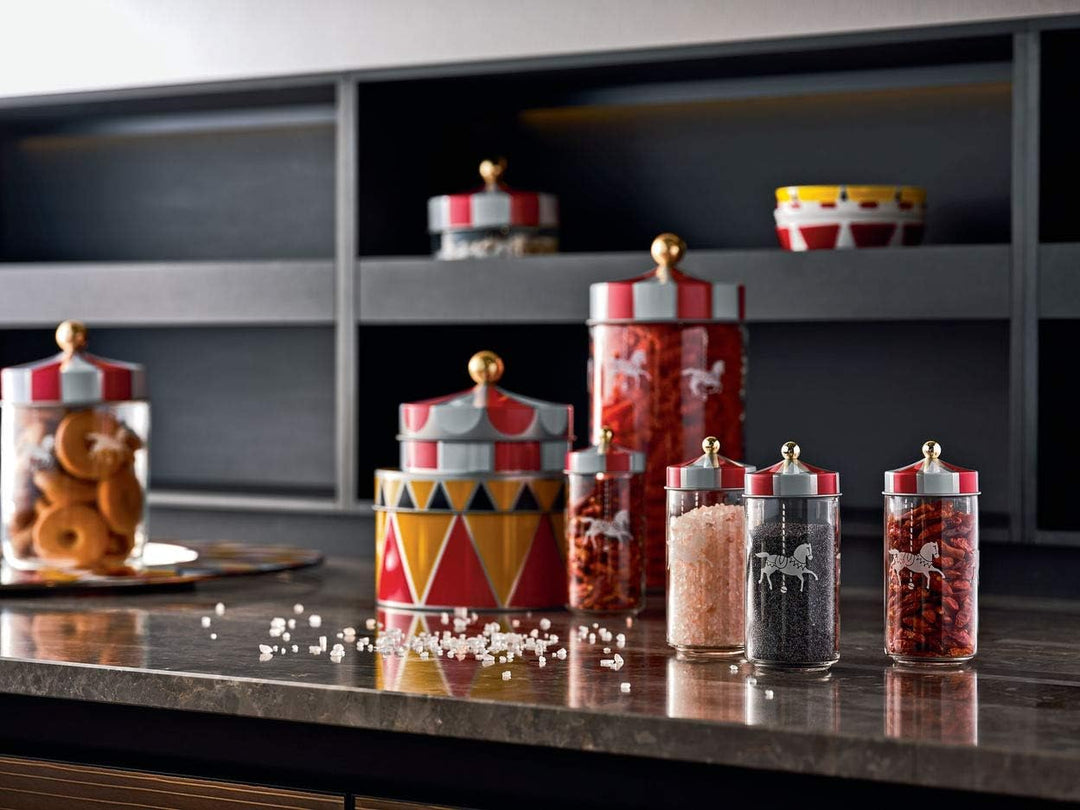 Alessi Circus MW68S2 - Design Set Bestehend aus Zwei Gewürzbehälter aus Glas Mit Aufdruck Und Abgedi