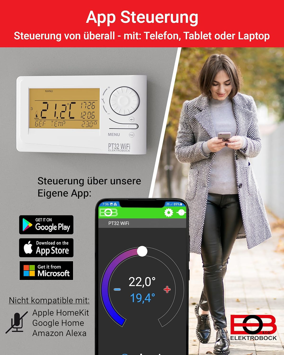 Elektrobock Raumthermostat mit WiFi Modul, weiss, normal, PT32 WiFi