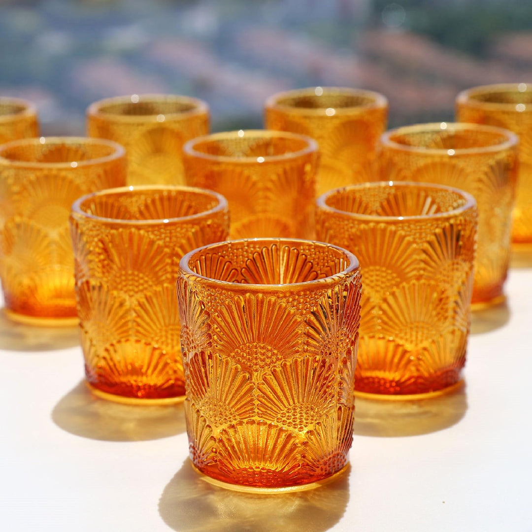 12 Stück Amber Teelichthalter Glas, Ginkgo-Biloba Teelichter Gläser (5,5 W × 6,5 H cm) im Grosspack