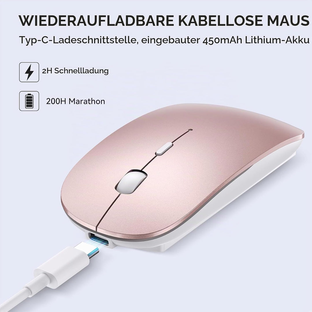 RaceGT Maus Kabellos USB-C &amp; USB-A, Mouse Aufladbar 2,4GHz Leise klick Beidhändig 3 Adjustable DPI L