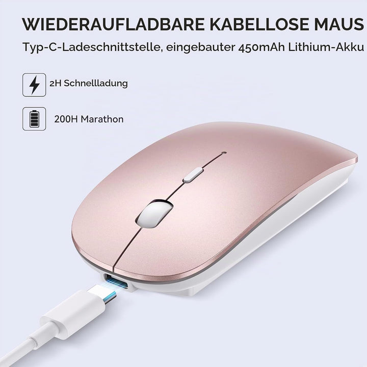 RaceGT Maus Kabellos USB-C &amp; USB-A, Mouse Aufladbar 2,4GHz Leise klick Beidhändig 3 Adjustable DPI L