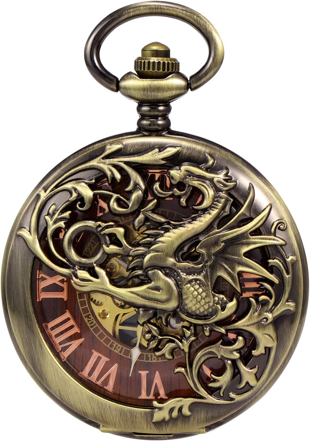TREEWETO Antike Drache Mechanische Skelett-Taschenuhr mit Kette Bronze101, Bronze101