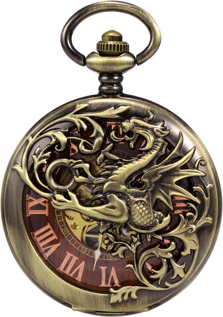 TREEWETO Antike Drache Mechanische Skelett-Taschenuhr mit Kette Bronze101, Bronze101