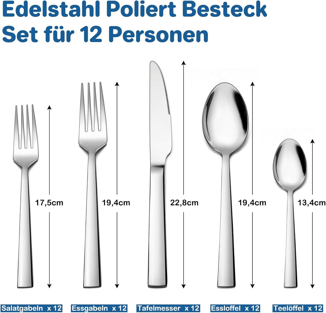 Homikit Besteck Set 12 Personen, 60-teilig Edelstahl Poliert Besteckset, Elegantes Essbesteck mit Me