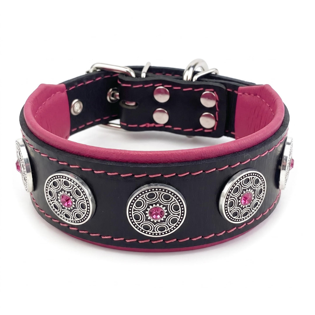 Bestia Pet BC1LPK1 Bijou Lederhalsband, Handarbeit, Top Qualität, 5 cm breit, L, schwarz und pink, L