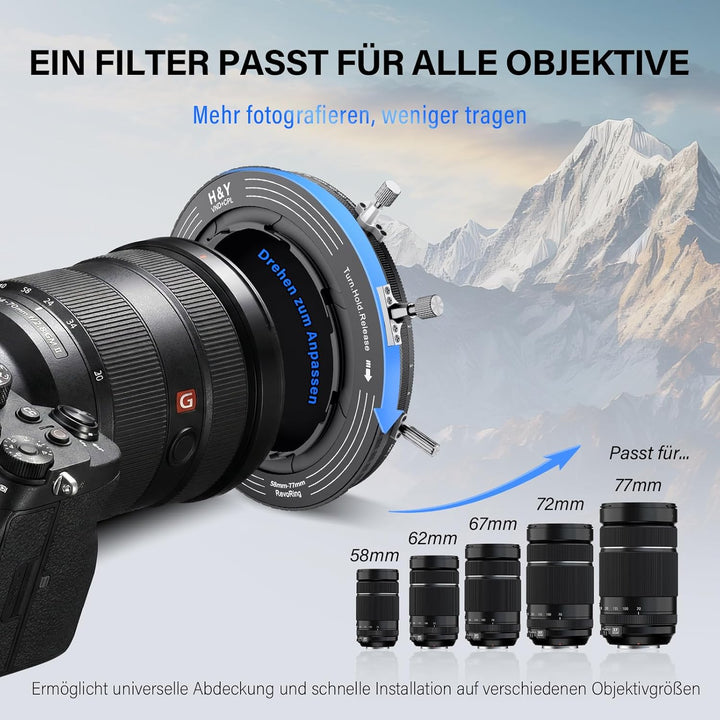 H&Y RevoRing Mark II 3-in-1 Filterset 58–77 mm mit einstellbarem variablem ND3-1000- und CPL-Polaris
