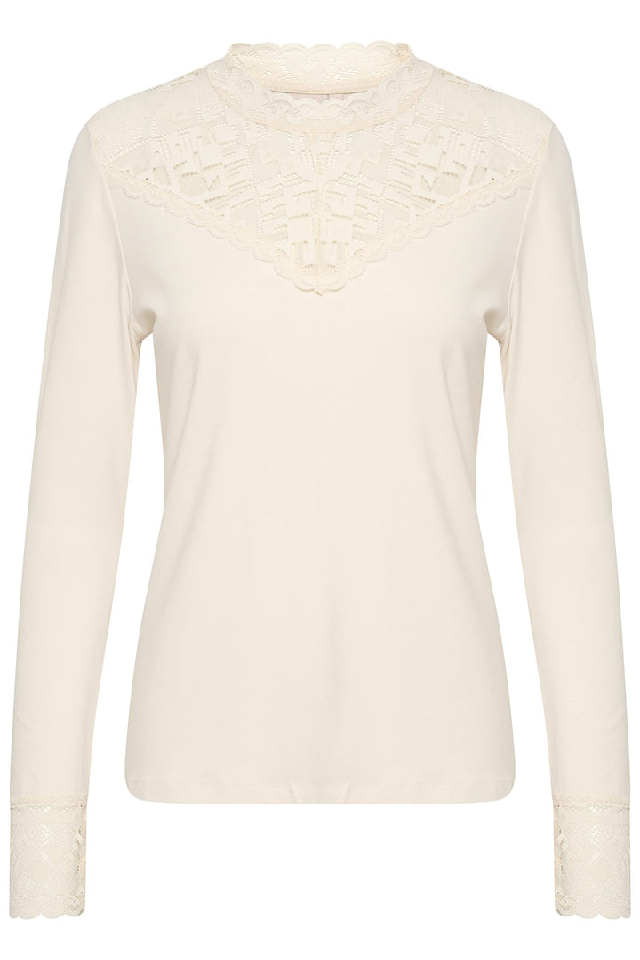 Cream CRTrulla Jersey Blouse Damen Bluse Spitze Langarm Elegant Rundhals Oberteil Stehkragen XS Eggn