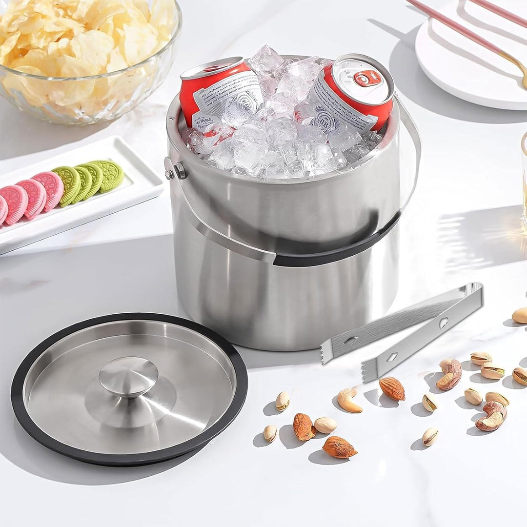 Edelstahl Eisbehälter 3L mit luftdichtem Deckel，Sieb und Eiszange，Eiswürfelbehälter doppelwandiger,