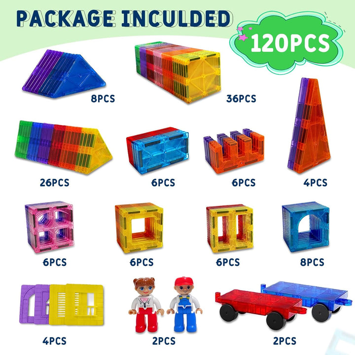 120pcs Magnetische Bausteine Spielzeug mit 2 Magnetfiguren und 2 Autos, Magnetbausteine für 3 4 5 6