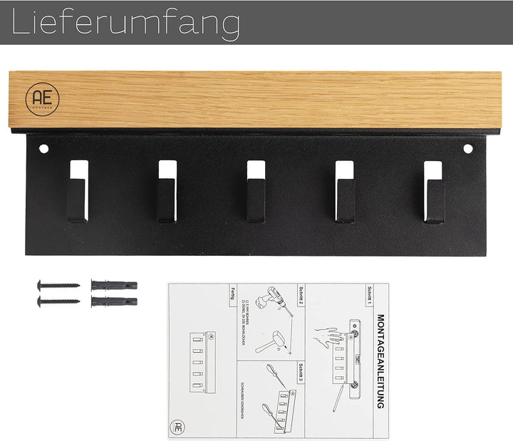 AE GÜNTHER® Schlüsselbrett Holz - Schlüsselhalter Schwarz Stahl - Schlüsselboard Eiche - Schlüssel o