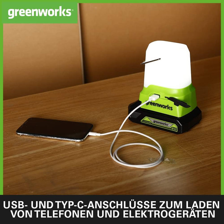 Greenworks G24LA500 Akku-Laterne und Campinglampe mit Haken zum Aufhängen, 500 Lumen, Camping Licht