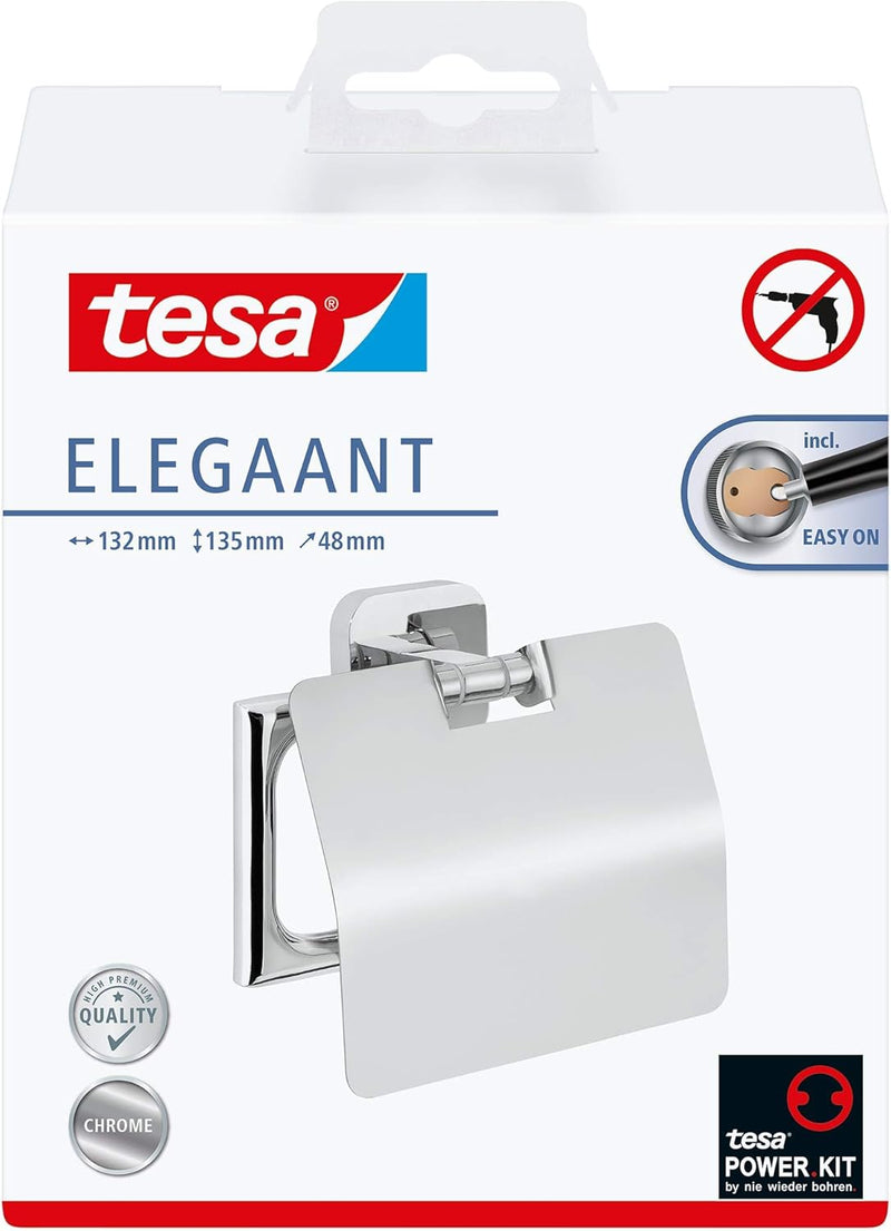 tesa ELEGAANT Toilettenpapierhalter mit Deckel, verchromt - zur Wandbefestigung ohne Bohren, inkl. K