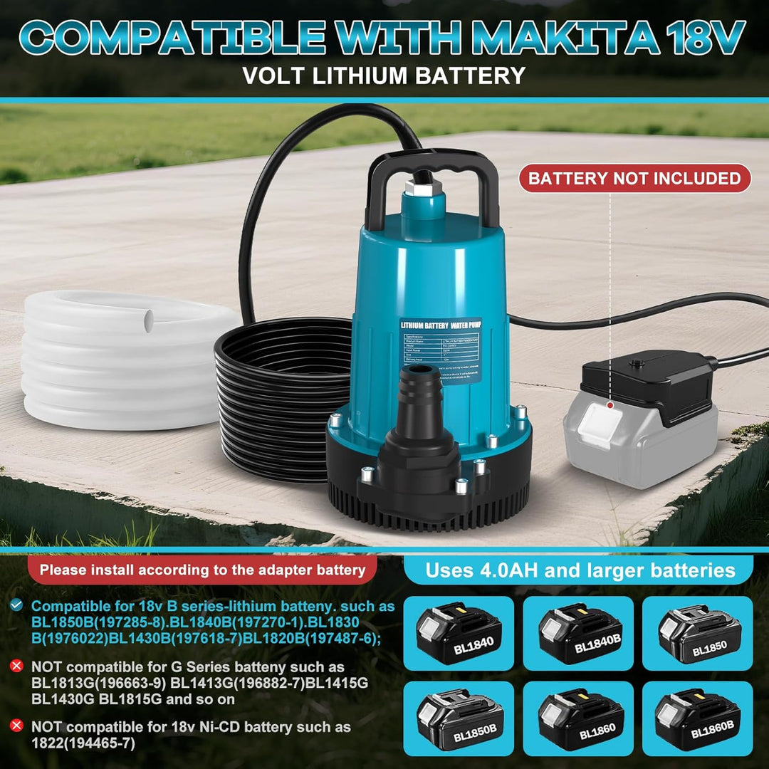 Akku Tauchpumpe Kompatibel mit Makita 18V Batterie (Ohne Akku), 2800L/H Fördermenge, Förderhöhe 12m,