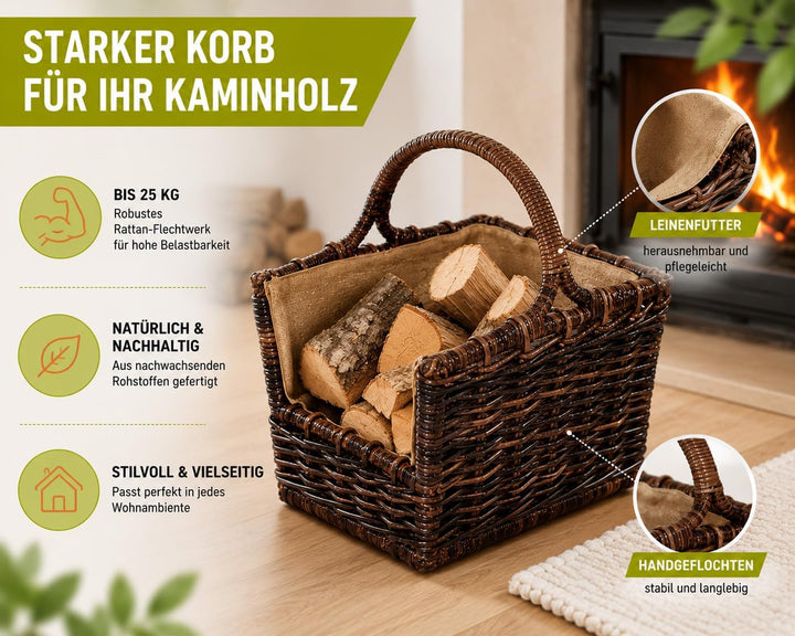 Kobolo Holztrage Holzkorb für Kaminholz - aus Rattan mit abnehmbaren, 51x40x28