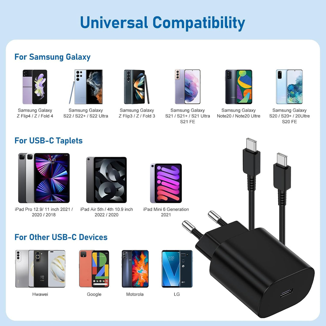 USB C Ladegerät, Schnellladegerät Samsung 25w mit 2M Kabel, Ladekabel USB C mit Netzteil,Typ C Schne