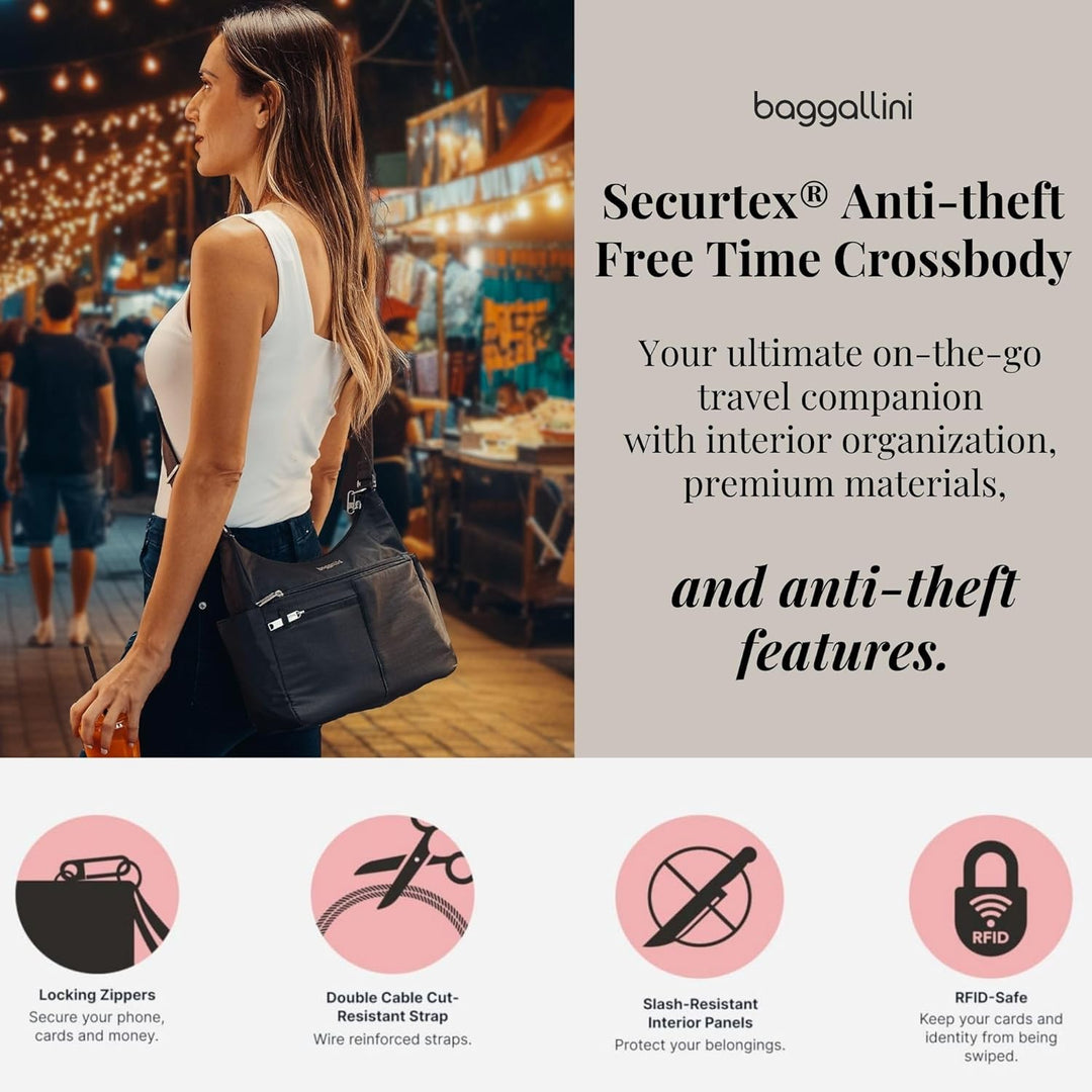 Baggallini Damen Anti-Theft Free Time Crossbody Bag Umhängetasche, Einheitsgrösse Schwarz, Schwarz