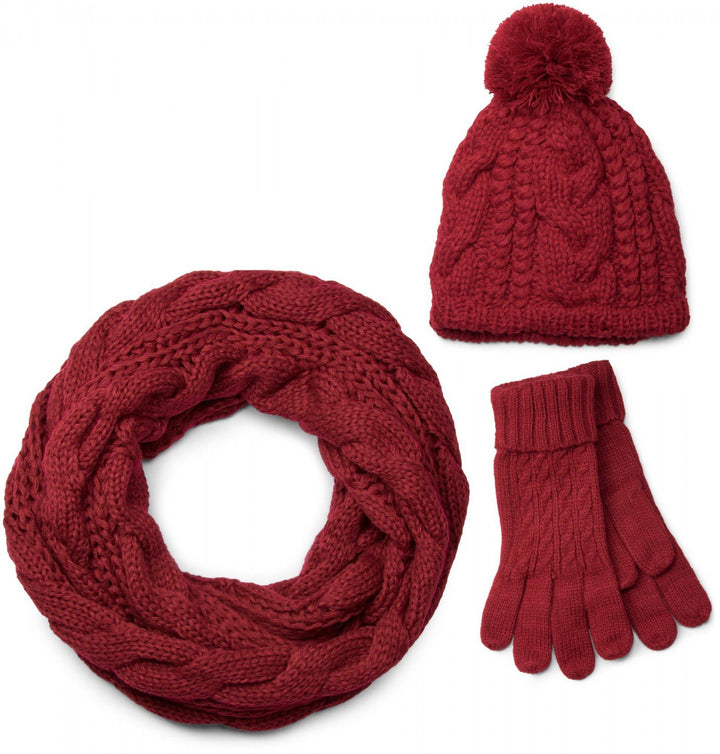 styleBREAKER Schal, Mütze und Handschuh Set, Zopfmuster Strickschal mit Bommelmütze und Handschuhe,