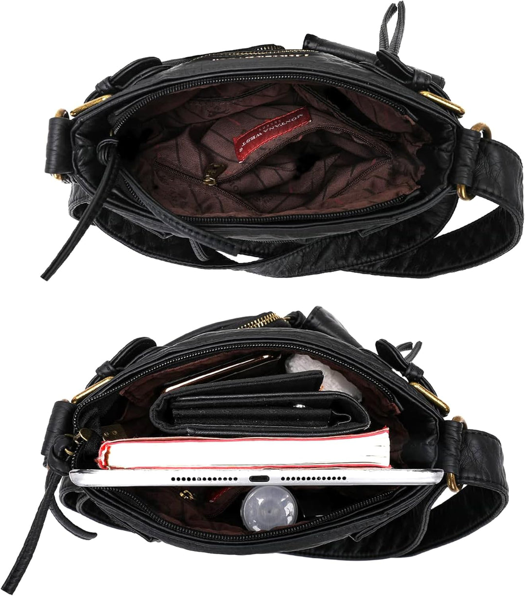 Montana West Damen Echtes Leder Handtaschen 046schwarz, 046 Schwarz