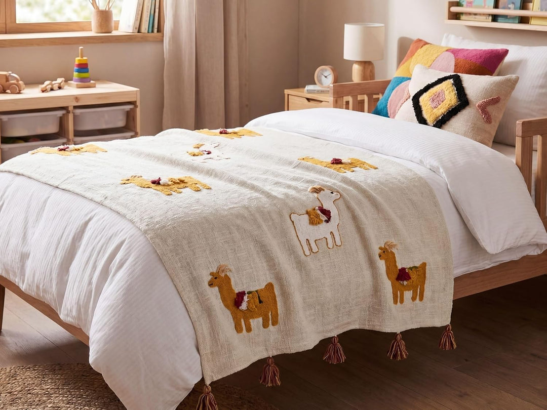 Deko Decke Baumwolle beige/orange mit Lama-Motiv Quasten 130x180 cm Khandwa