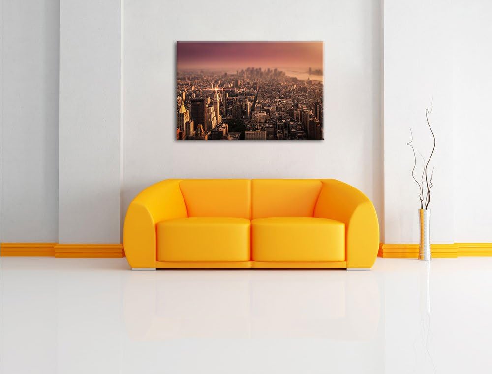 Pixxprint New York City bei Sonnenuntergang / 100x70cm Leinwandbild bespannt auf Holzrahmen/Wandbild