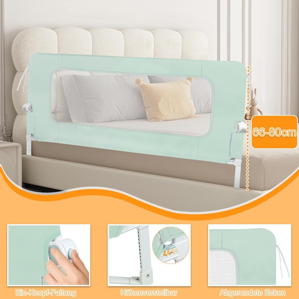 Bettschutzgitter mit Verstellbarer Gurte,Rausfallschutz Bett 180° faltbar für Boxspringbett, Bettgit