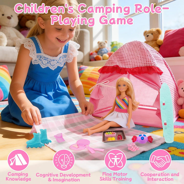 25 Kleidung Camping Sets Kompatibel mit Barbie, 1 Zelt 2 Oberteil Hosen1 Rock 1 Picknickdecke 3 Schu
