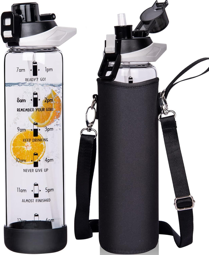 Seekua 1l Sport Trinkflasche Glas Flasche mit Strohhalm & Zeitmarkierung auslaufsicher bpa frei 1 li