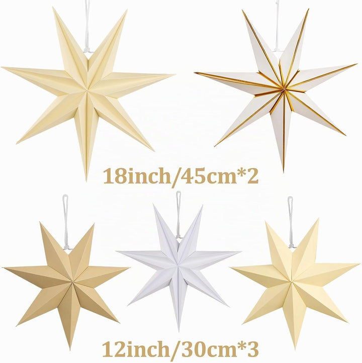 Gold-weisse 3D-Papierstern-Ornamente Set – 5 Stück Hängende Falt-Sterne, 9-Zacken Design, Skandinavi