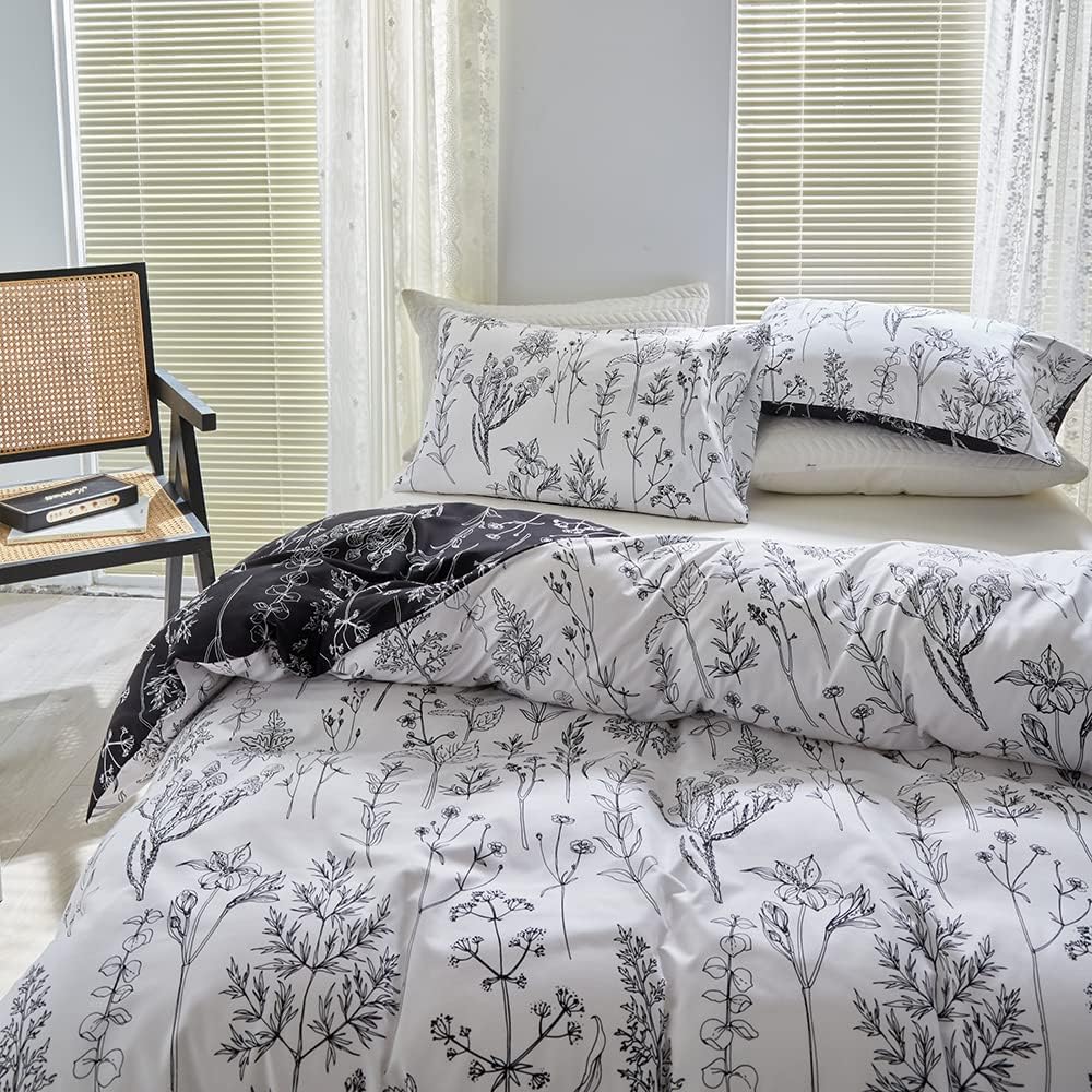 WUMIUER Bettwäsche 135x200 Set 2 Teilig, Schwarz Weiss Pflanze Botanisch Wendebettwäsche Mikrofaser