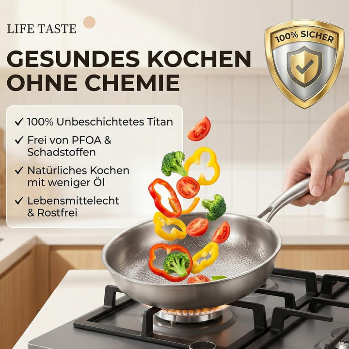 Titan Pfanne, Titan Bratpfanne, 28 CM Titanium Pfanne Unbeschichtet,Titanium Hammered Pan Pro mit De
