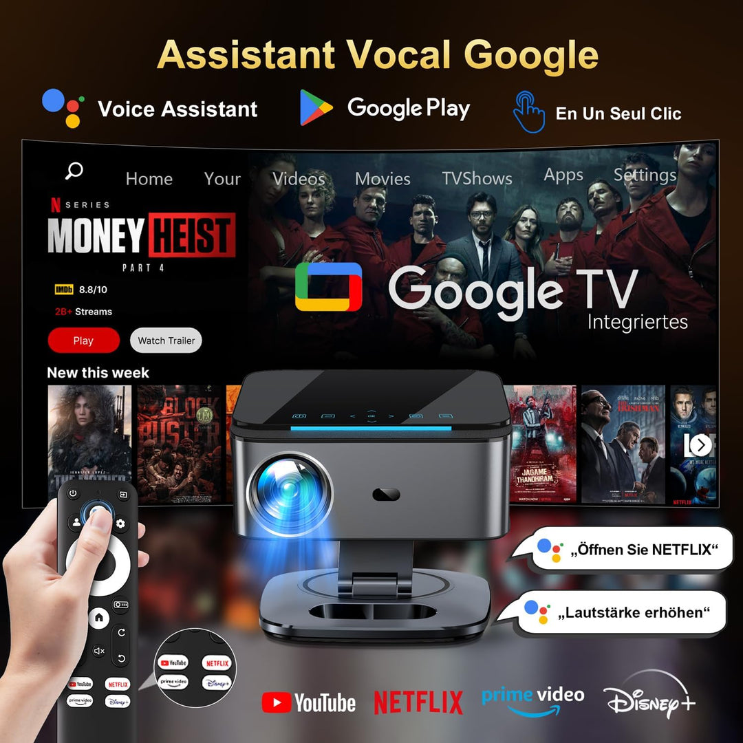 Beamer【1500 ANSI/Autofokus/360°-Drehung】 XIWBSY Projektor 4k Google TV/Sprachsteuerung, WiFi 6 Bluet